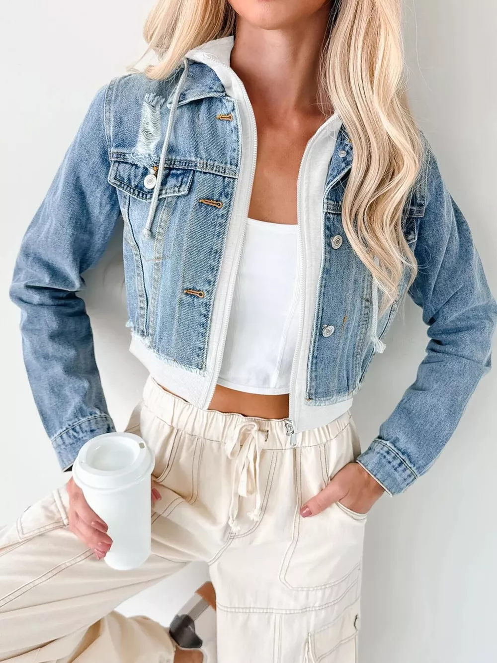 Distressed Zip Up Cropped Hooded Denim Jacket, image 20