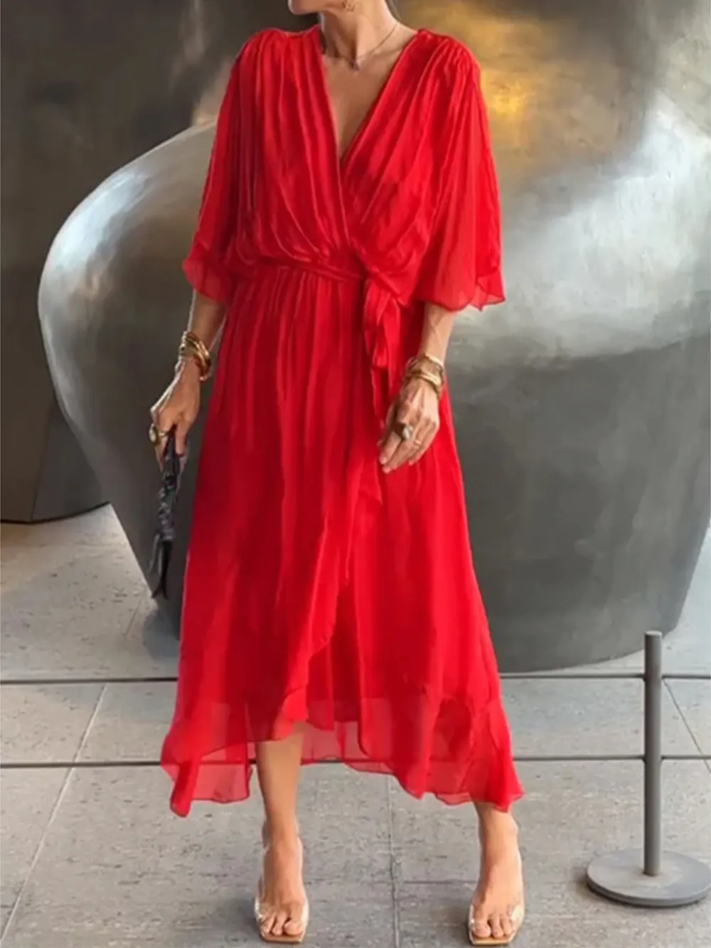 Full Size Flowy Tie Front Midi Dress with Flutter Sleeves Plus Size, image 29