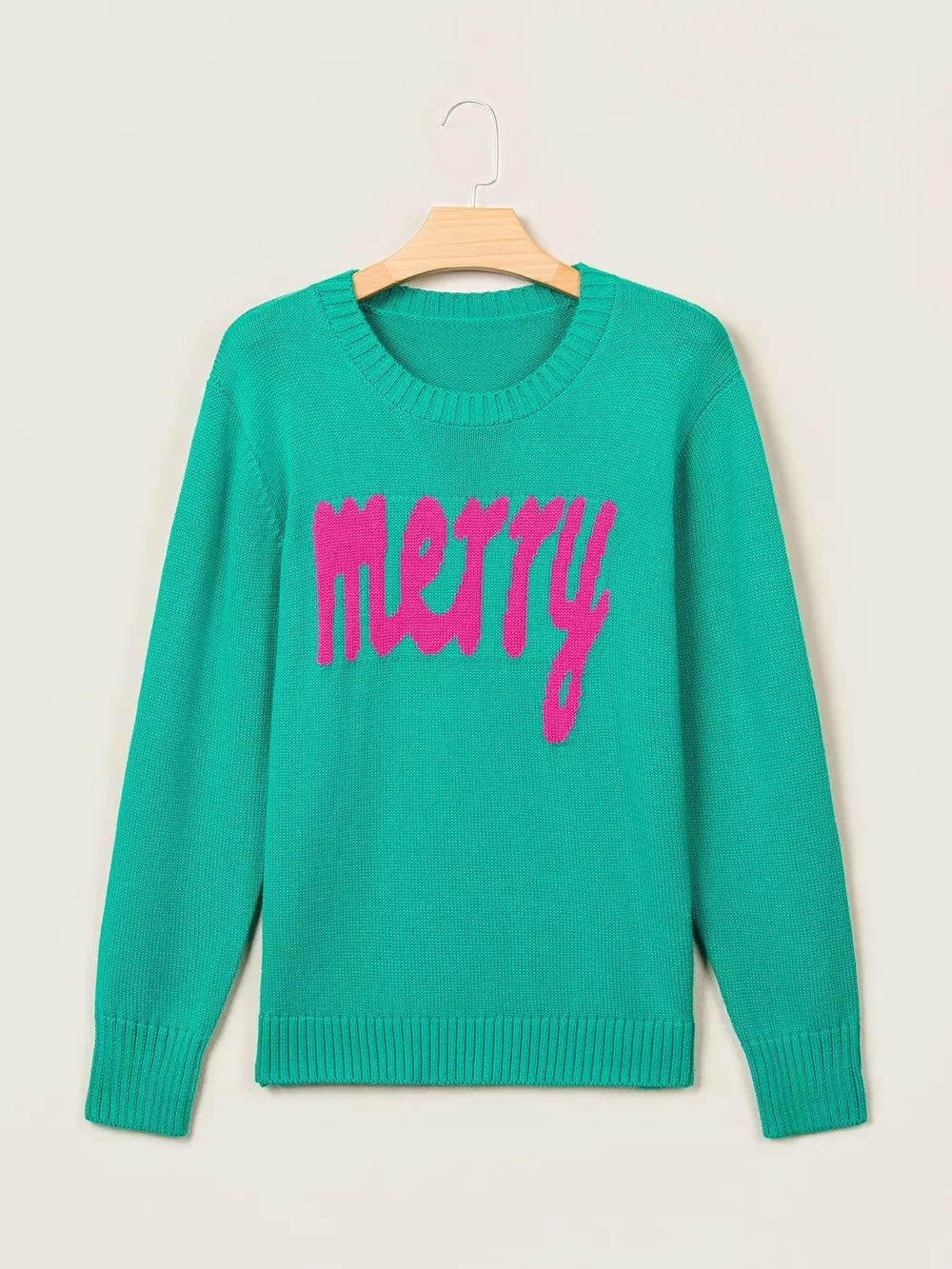 Merry Print Ribbed Trim Round Neck Loose Fit Sweater, image 17