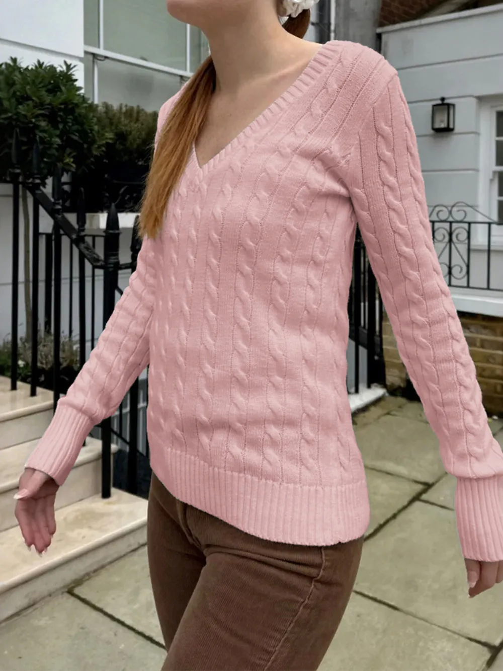 Cable Knit V-Neck Sweater, image 11