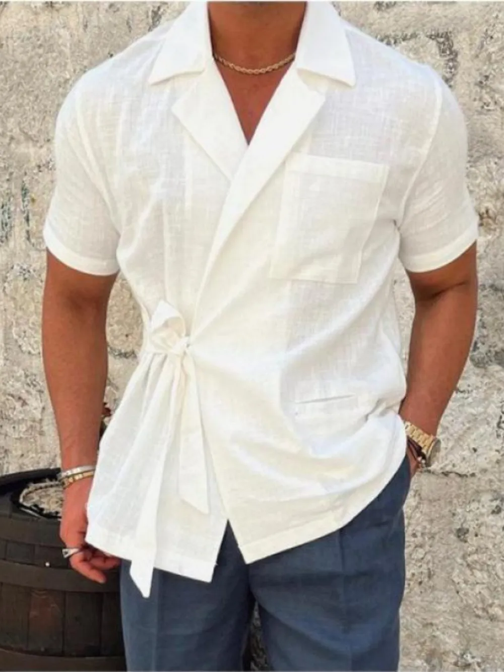 Men's Plus Size Tied Lightweight Linen Wrap Top, image 4