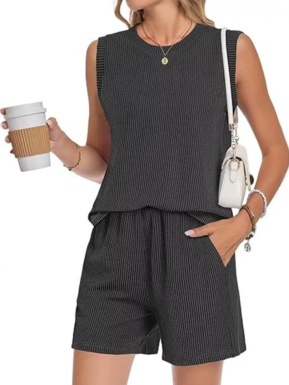 Casual Ribbed Knit Sleeveless Top and Shorts Set, image 12