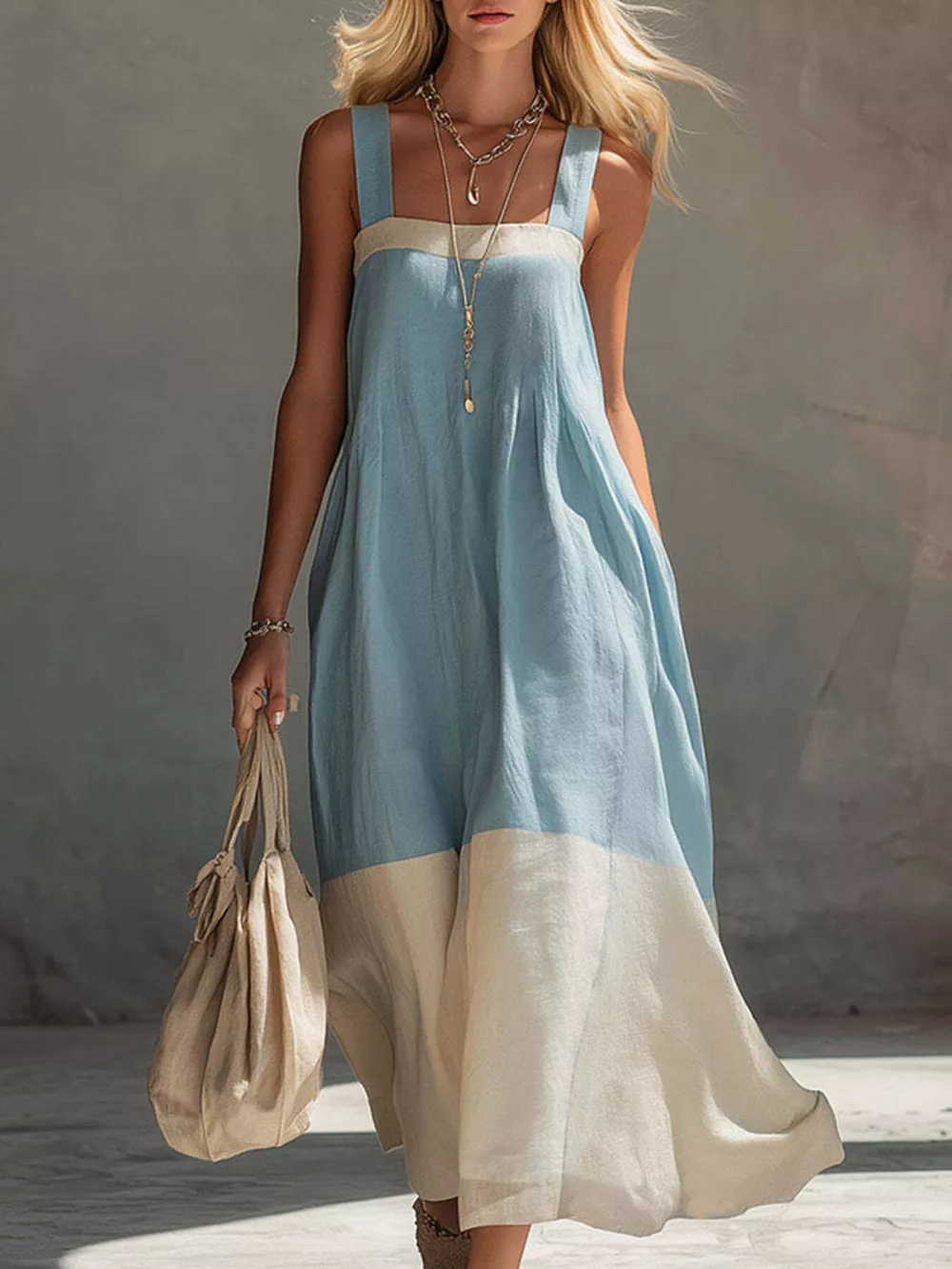 Color-Block Sleeveless Linen-Blend Midi Dress