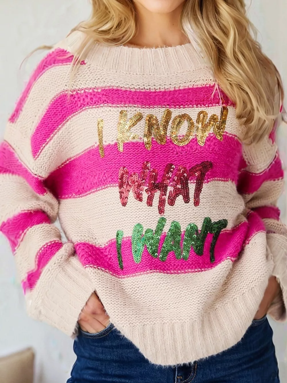 Sequin Letter Graphic Colorblock Loose Sweater