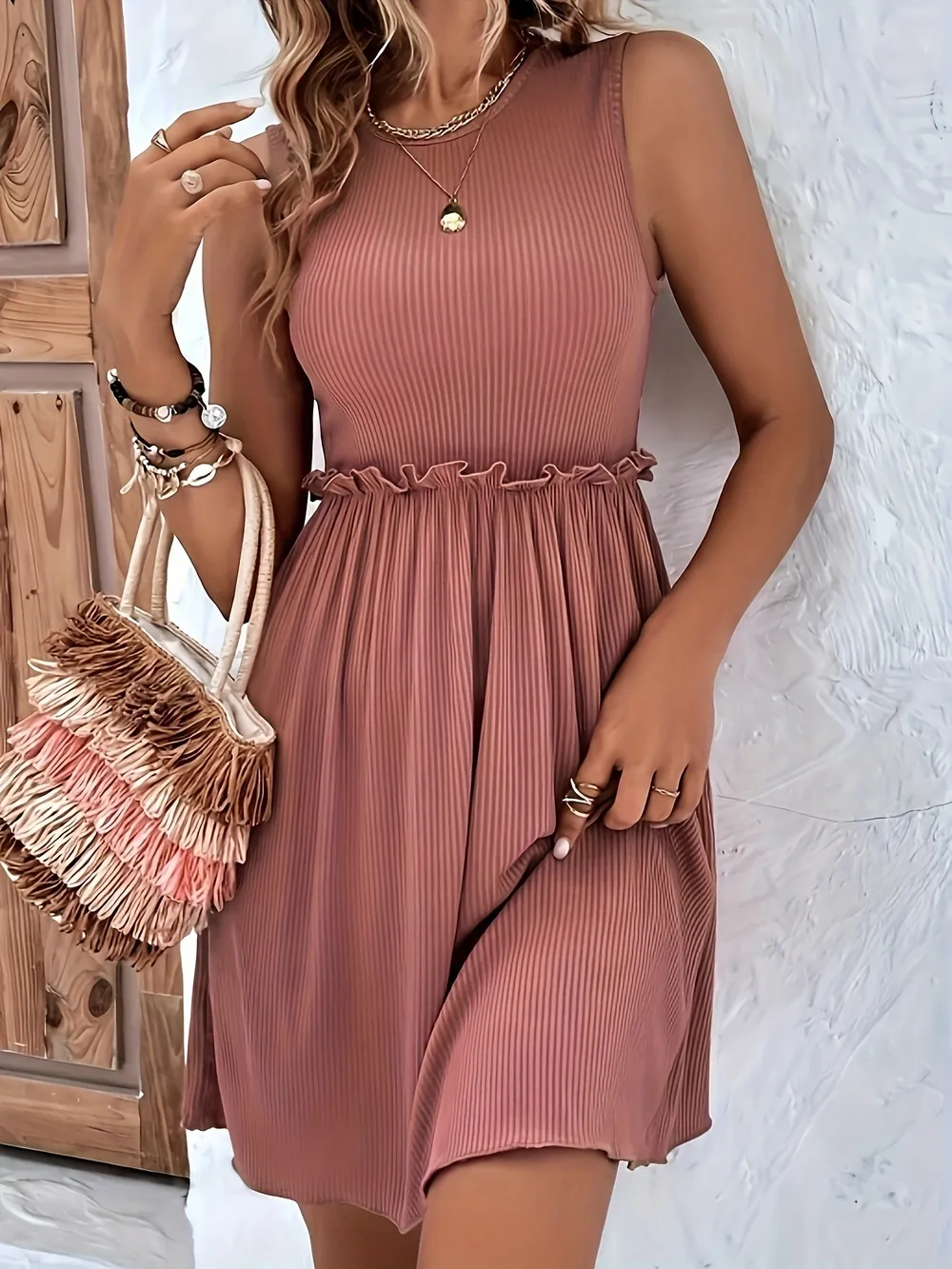 Frill Ribbed Sleeveless Mini Dress, image 4