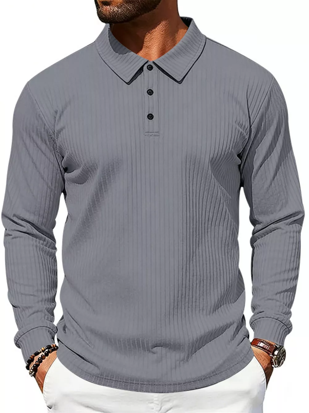 Men's Full Size Ribbed Long Sleeve Polo with Button Detail Plus Size, image 15
