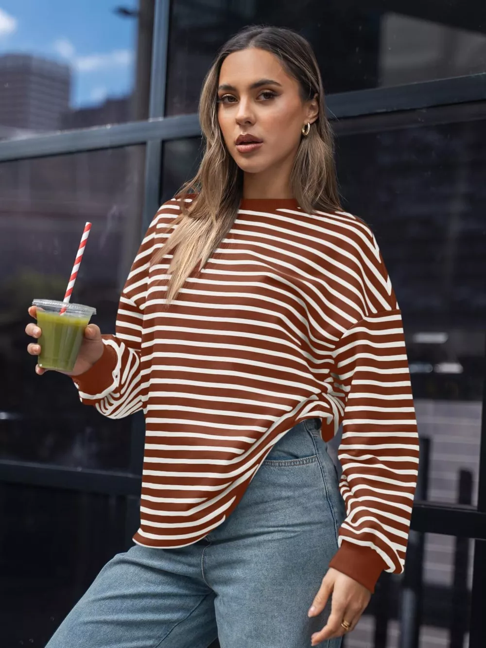 Striped Round Neck Oversized Casual Sweatshirt, image 26