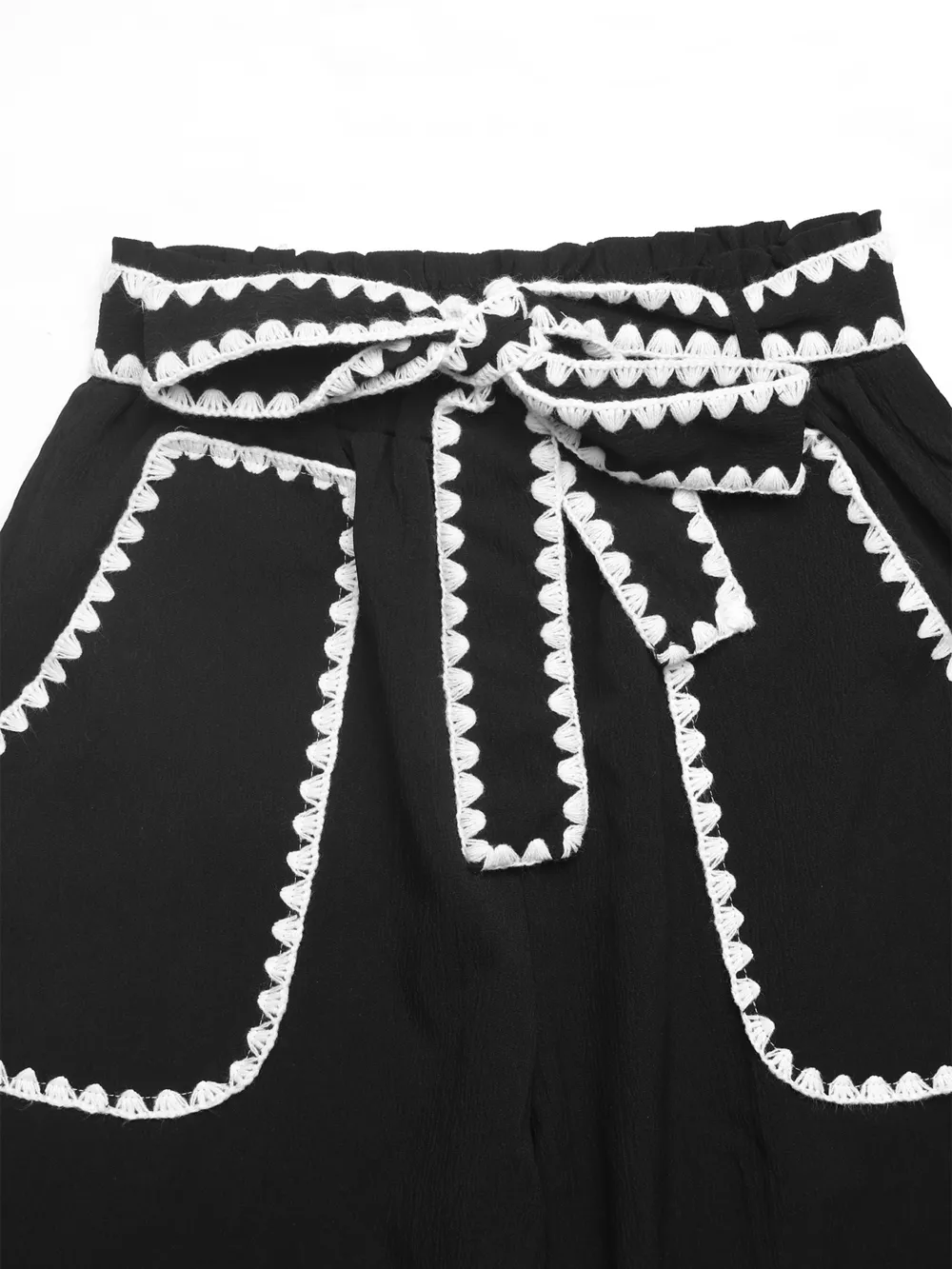 Crochet Trim Tie Waist Wide Leg Pants, image 7