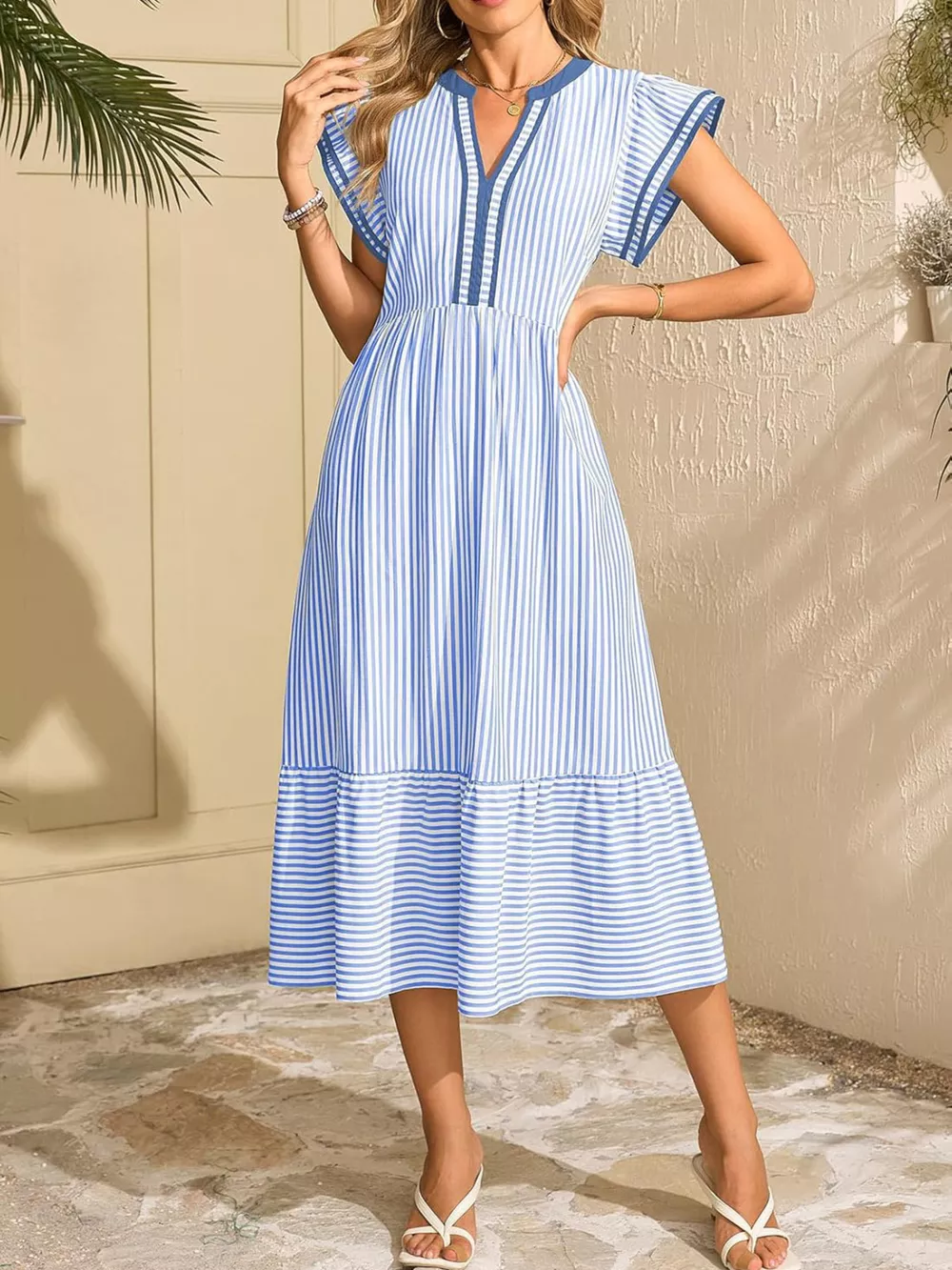 Striped Ruffle Sleeve Midi Dress, image 3
