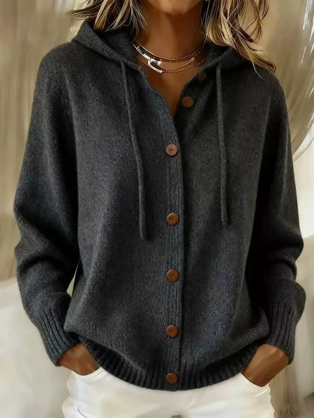 Full Size Hooded Button-Down Knit Cardigan Plus Size