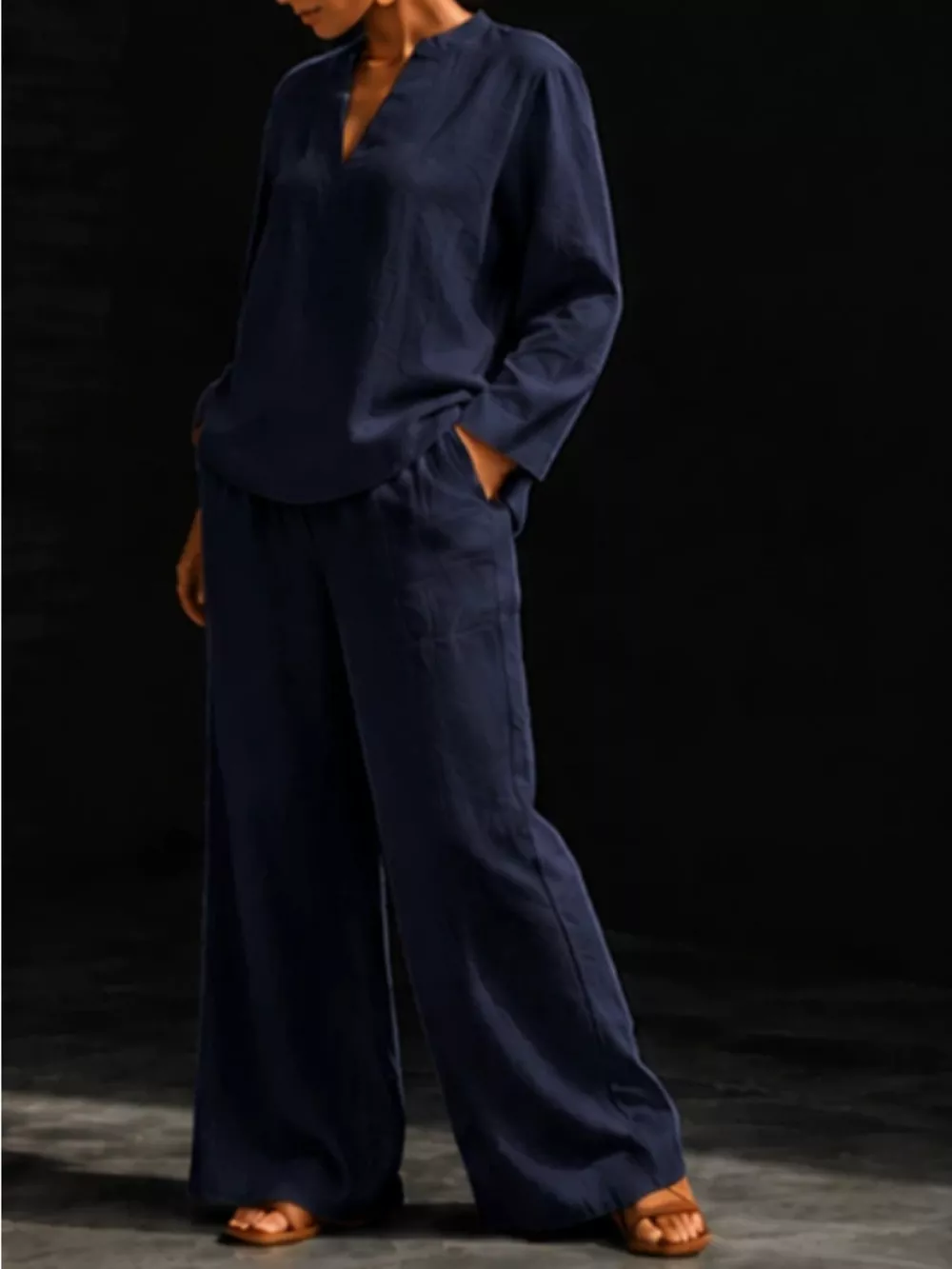 Notched Long Sleeve Top and Pants Set, image 23