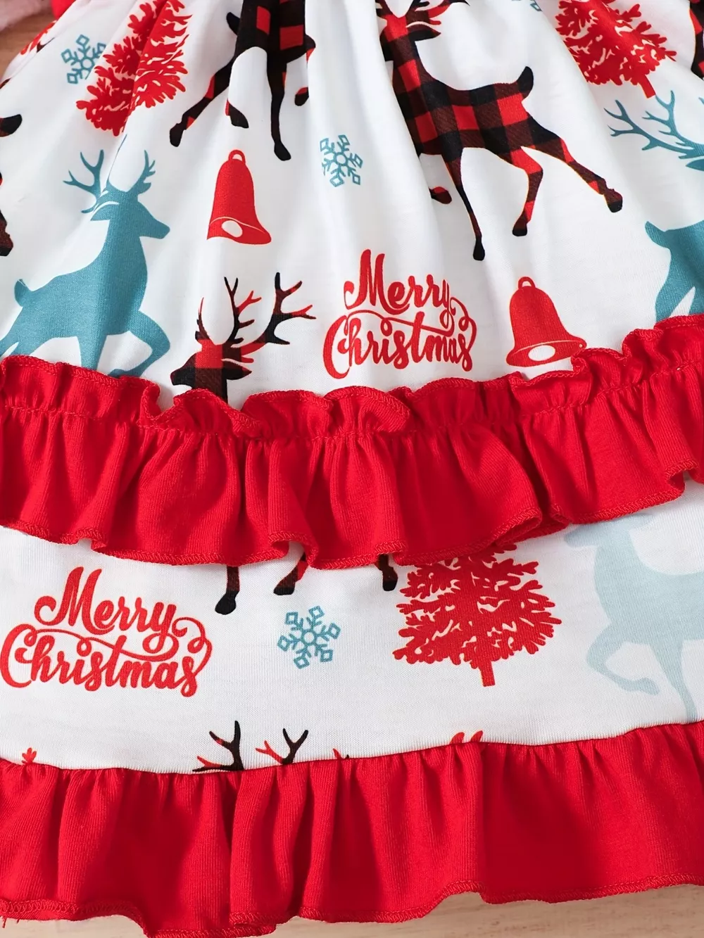 Children's Christmas Reindeer Print Ruffle Hem Long Sleeve Dress, image 3