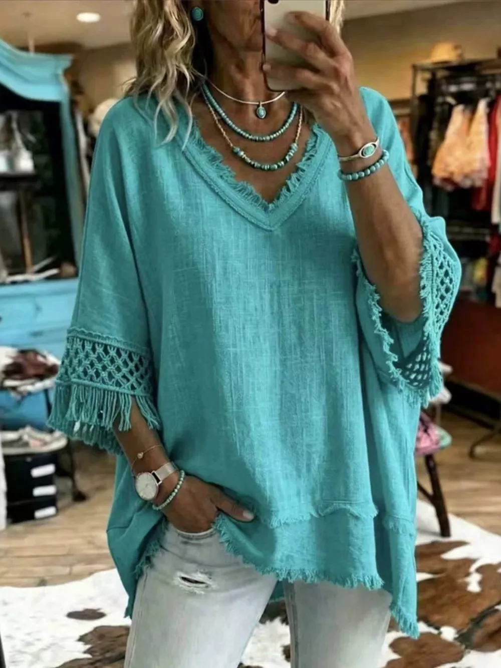 Full Size Fringe Trim V-Neck Loose Fit Blouse Plus Size, image 3