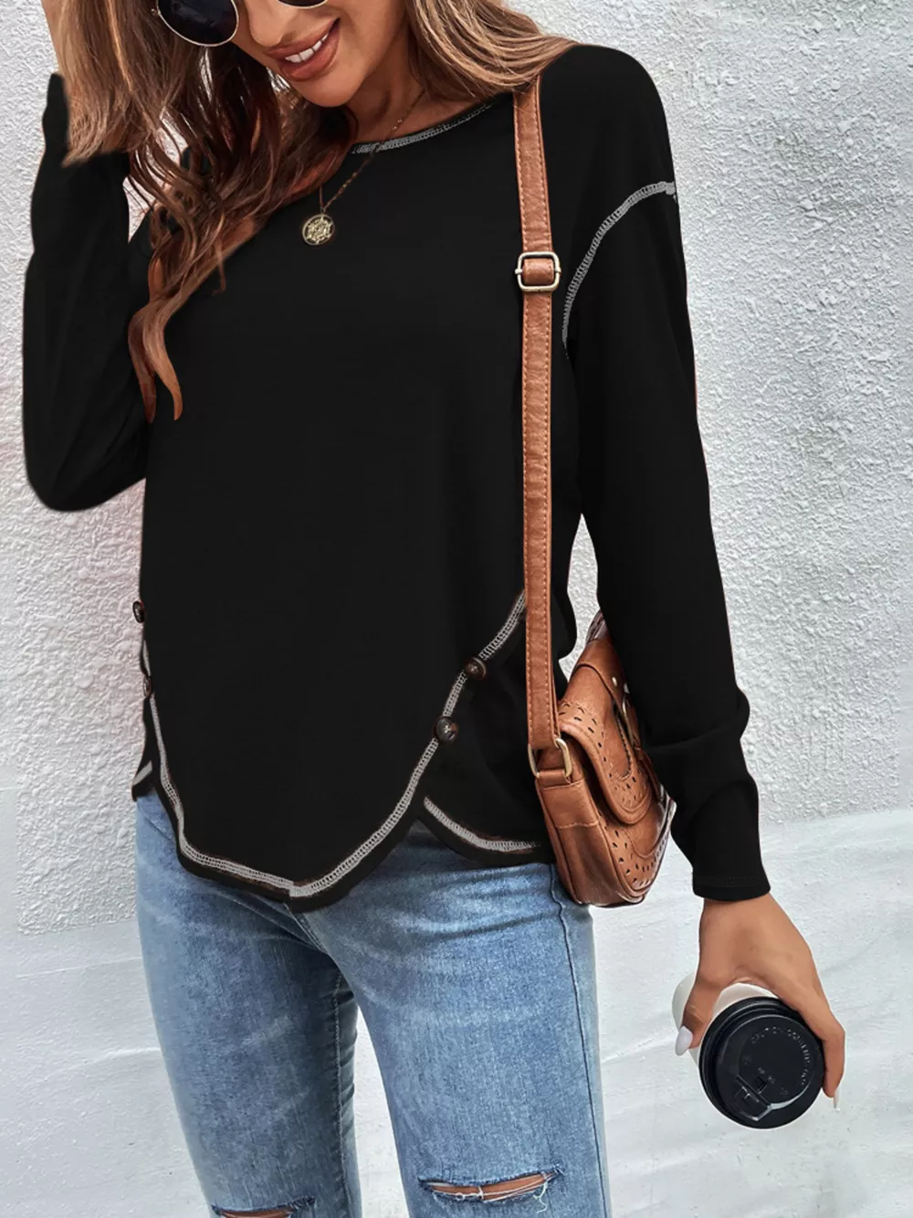 Casual Long Sleeve Exposed Seam T-Shirt with Decor Button, image 4