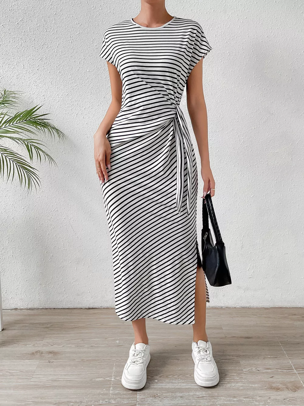 Striped Tie Side Casual Midi Dress, image 7