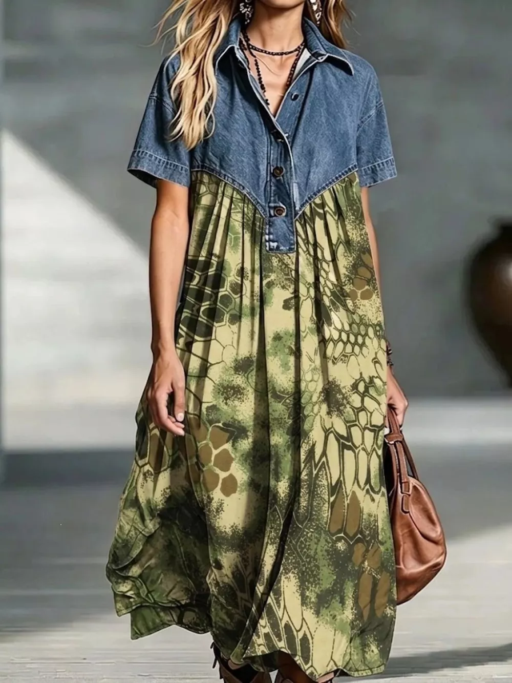Full Size Denim Patchwork Printed Shirt Dress Plus Size, image 10