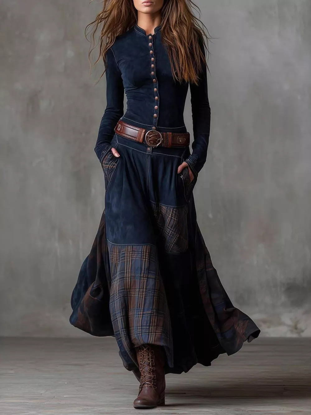 Full Size Plaid Button Front Long Sleeve Dress Plus Size, image 2