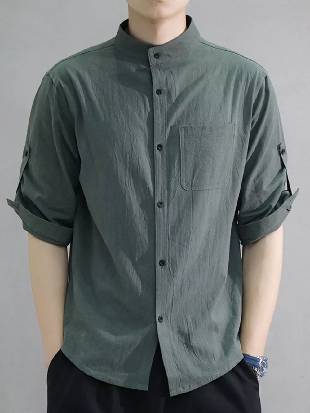 Men's Plus Size Button Up Roll-Up Sleeve Shirt