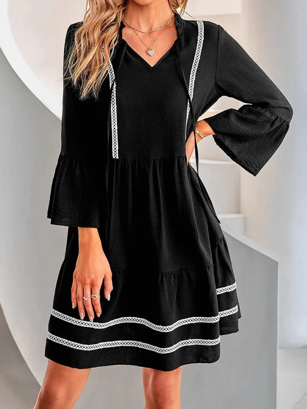 Tie-Neck Long Sleeve Mini Dress with Trim Detail, image 9