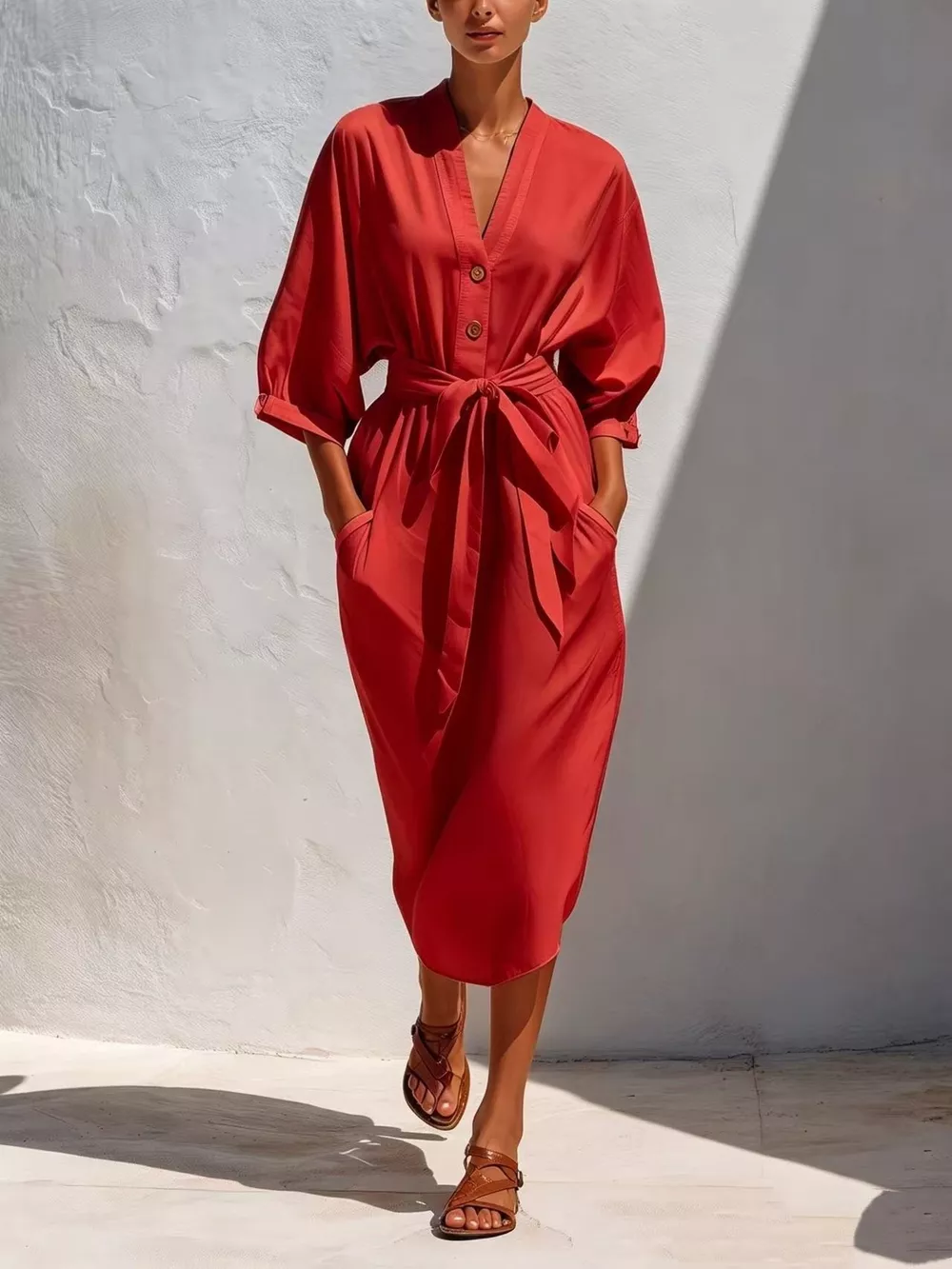 Full Size Tie Waist V-Neck Midi Dress Plus Size, image 9