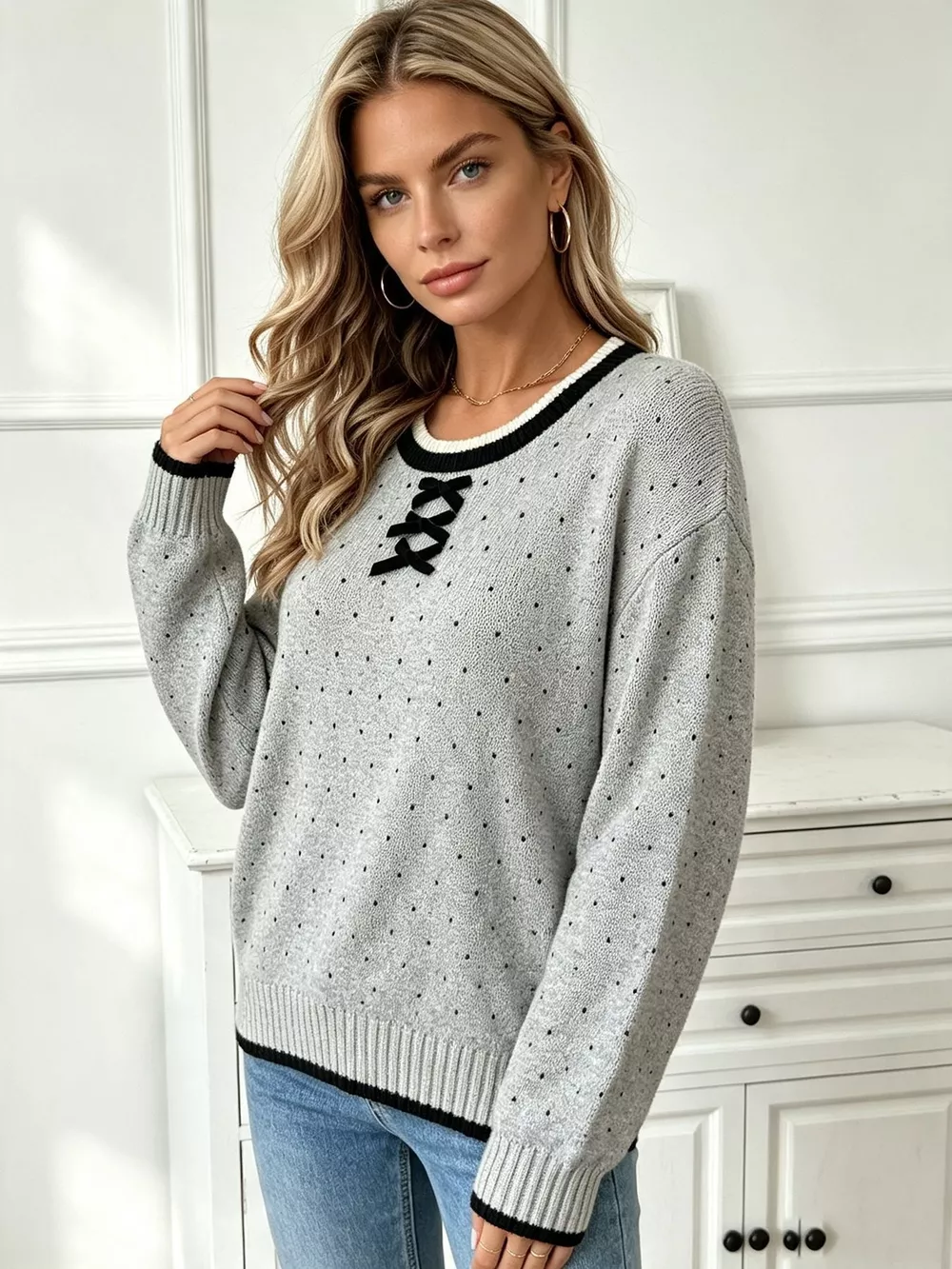 Polka Dot Lace-Up Detail Sweater, image 6