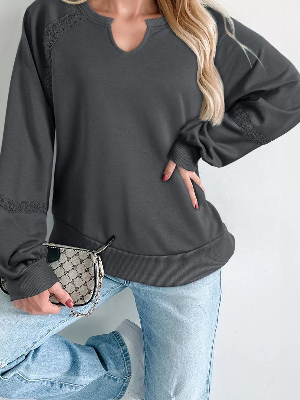 Lace Patchwork Detail Notched Mineral Wash Sweatshirt, image 5
