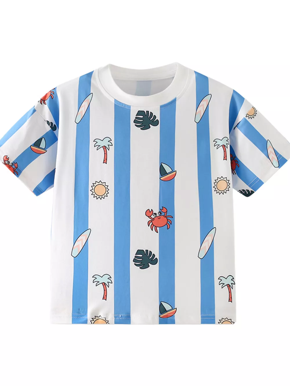 Children's Striped Cartoon Print Round Neck T-Shirt, image 2