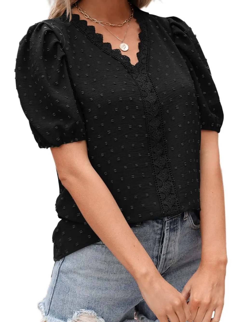 Puff Sleeve Swiss Dot Lace Trim Blouse, image 26
