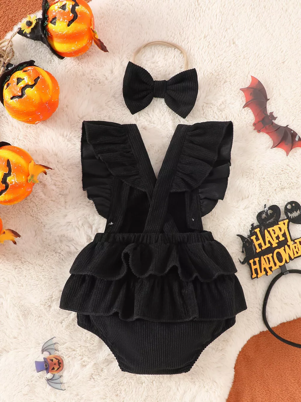 Children's Halloween Skeleton Ruffle Bodysuit and Bow Headband Set, image 5
