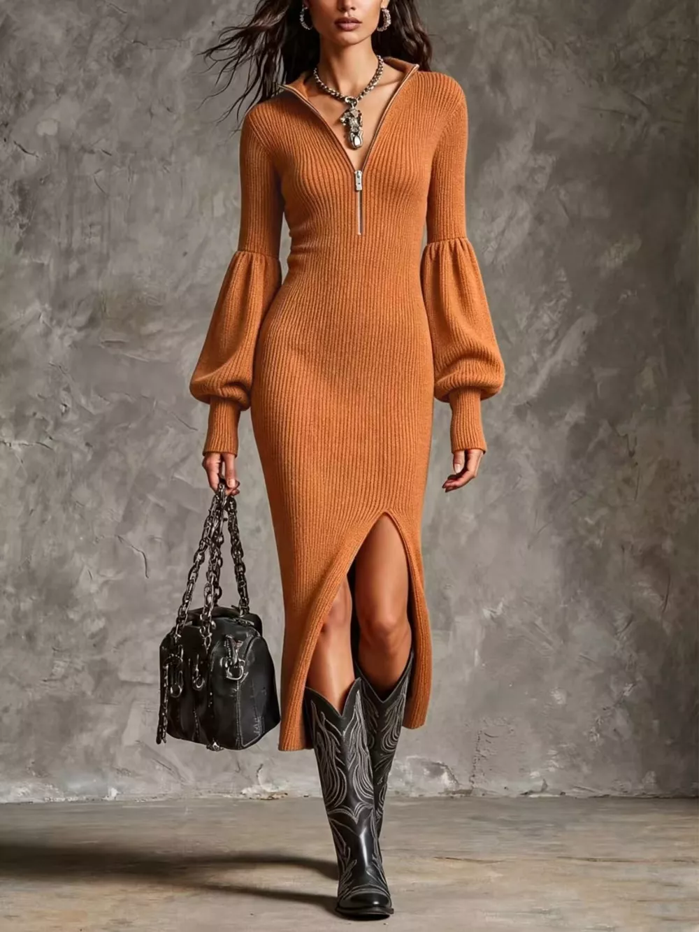 Ribbed Knit Quarter-Zip Lantern Sleeve Sweater Dress