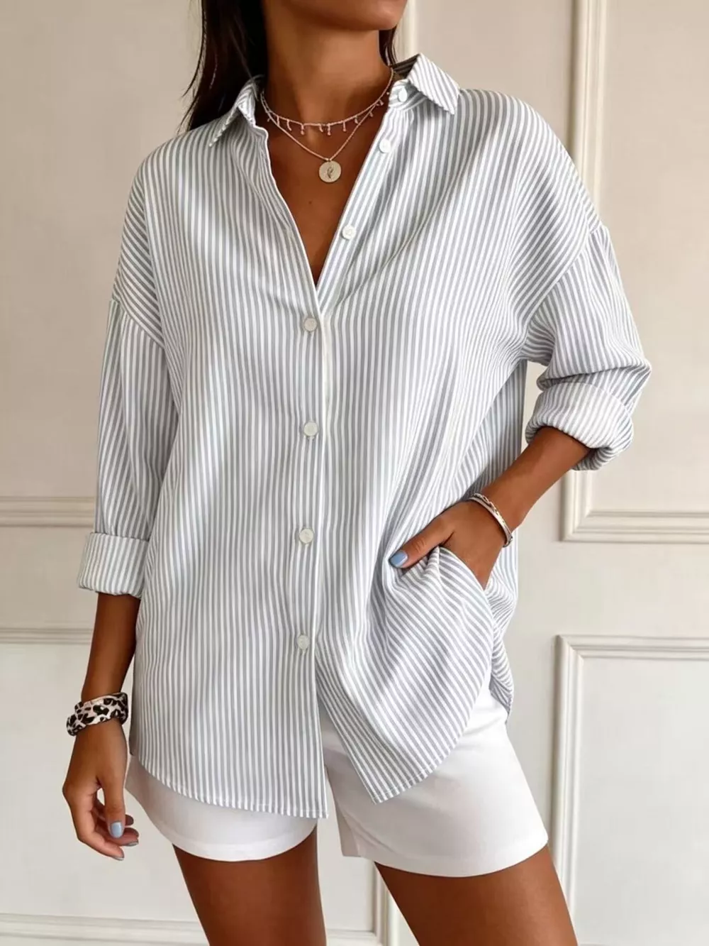 Full Size Striped Button-Down Long Sleeve Shirt Plus Size, image 2