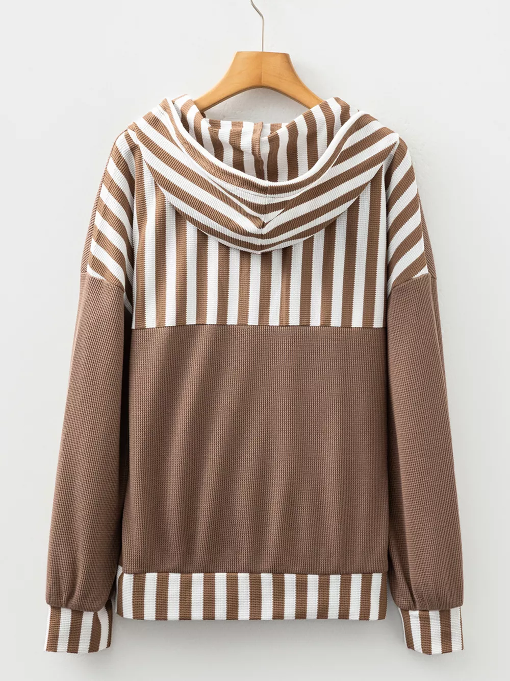 Waffle Texture Striped Patchwork Button Neck Drawstring Hoodie, image 8