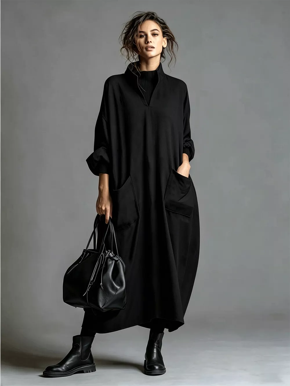 Full Size Loose-Fit Mock Neck Midi Dress with Pockets Plus Size
