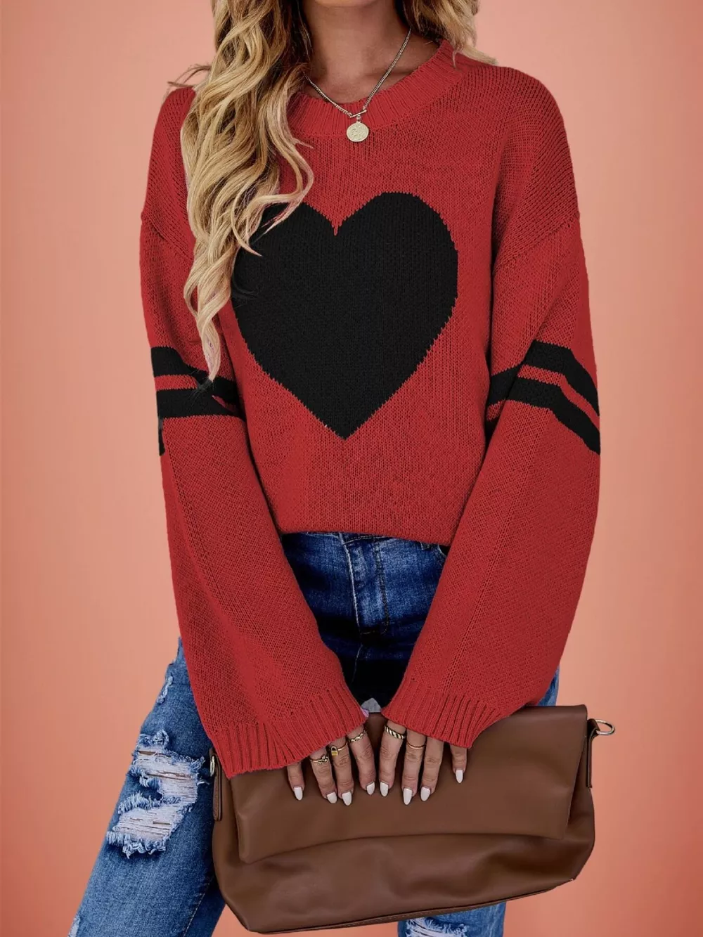 Heart Pattern Dropped Shoulder Sweater, image 5