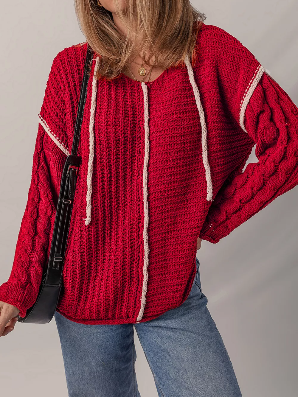 Contrast Trim Textured Knit Drawstring Hooded Sweater, image 13