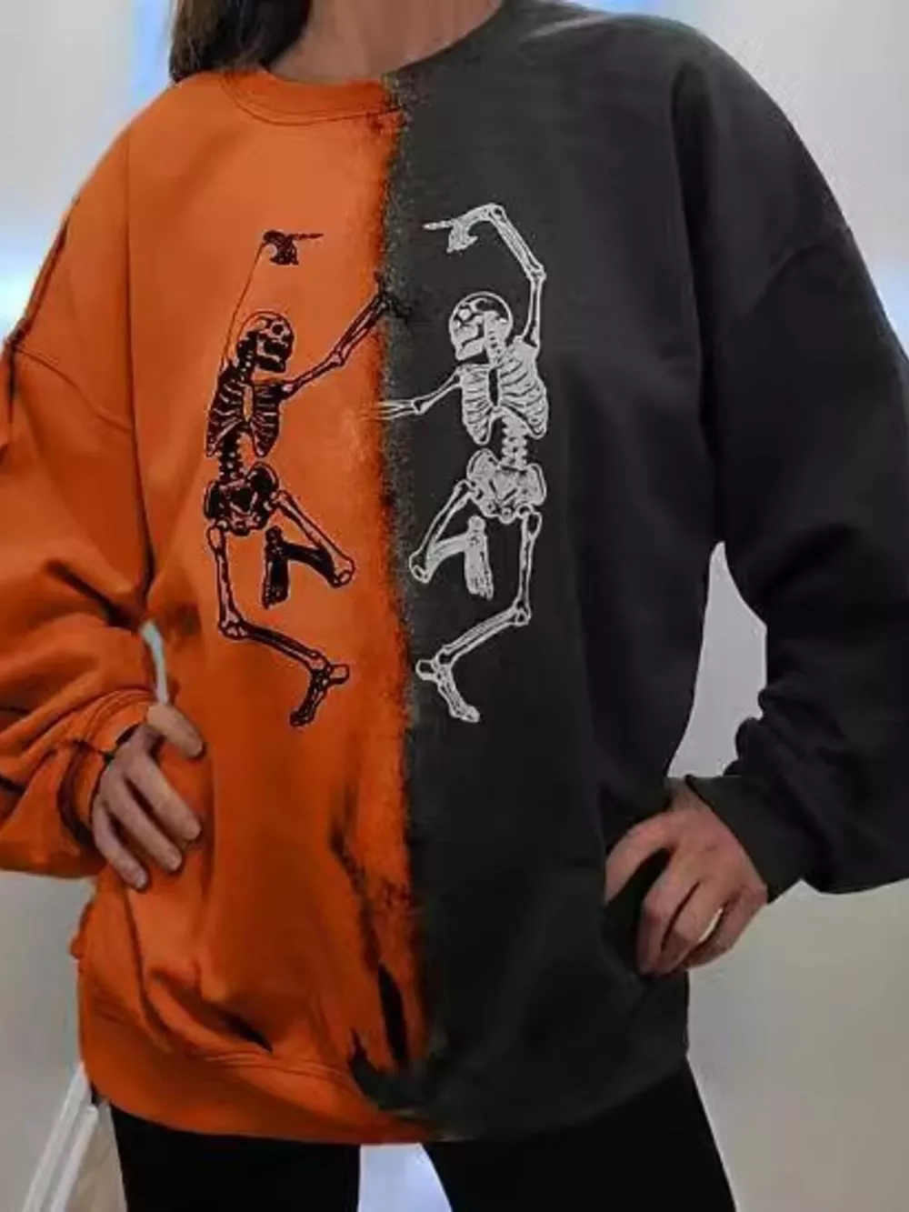 Halloween Skeleton Print Color Block Sweatshirt, image 3