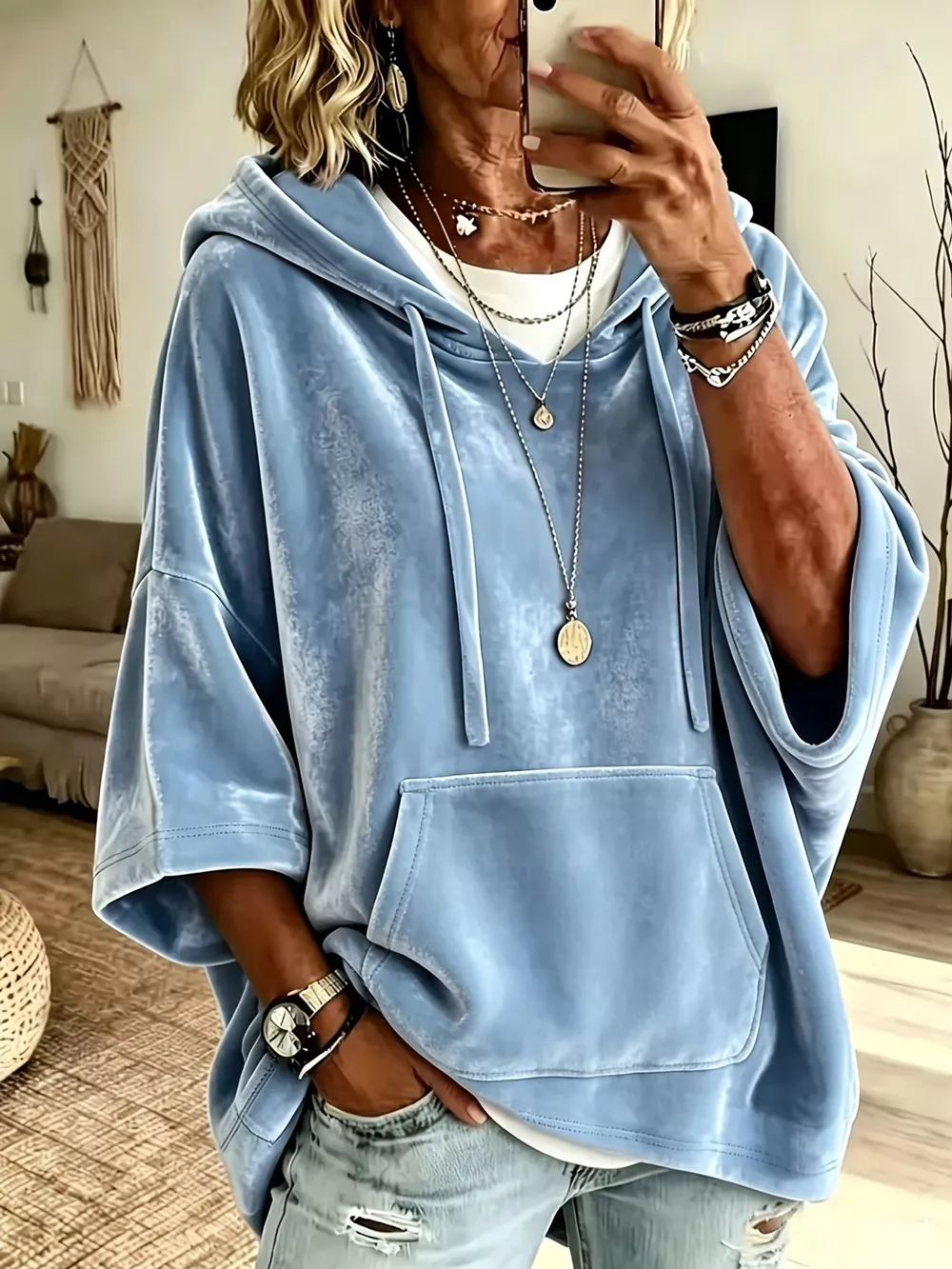 Full Size Velvet 3/4 Sleeve Hoodie with Kangaroo Pocket Plus Size, image 3