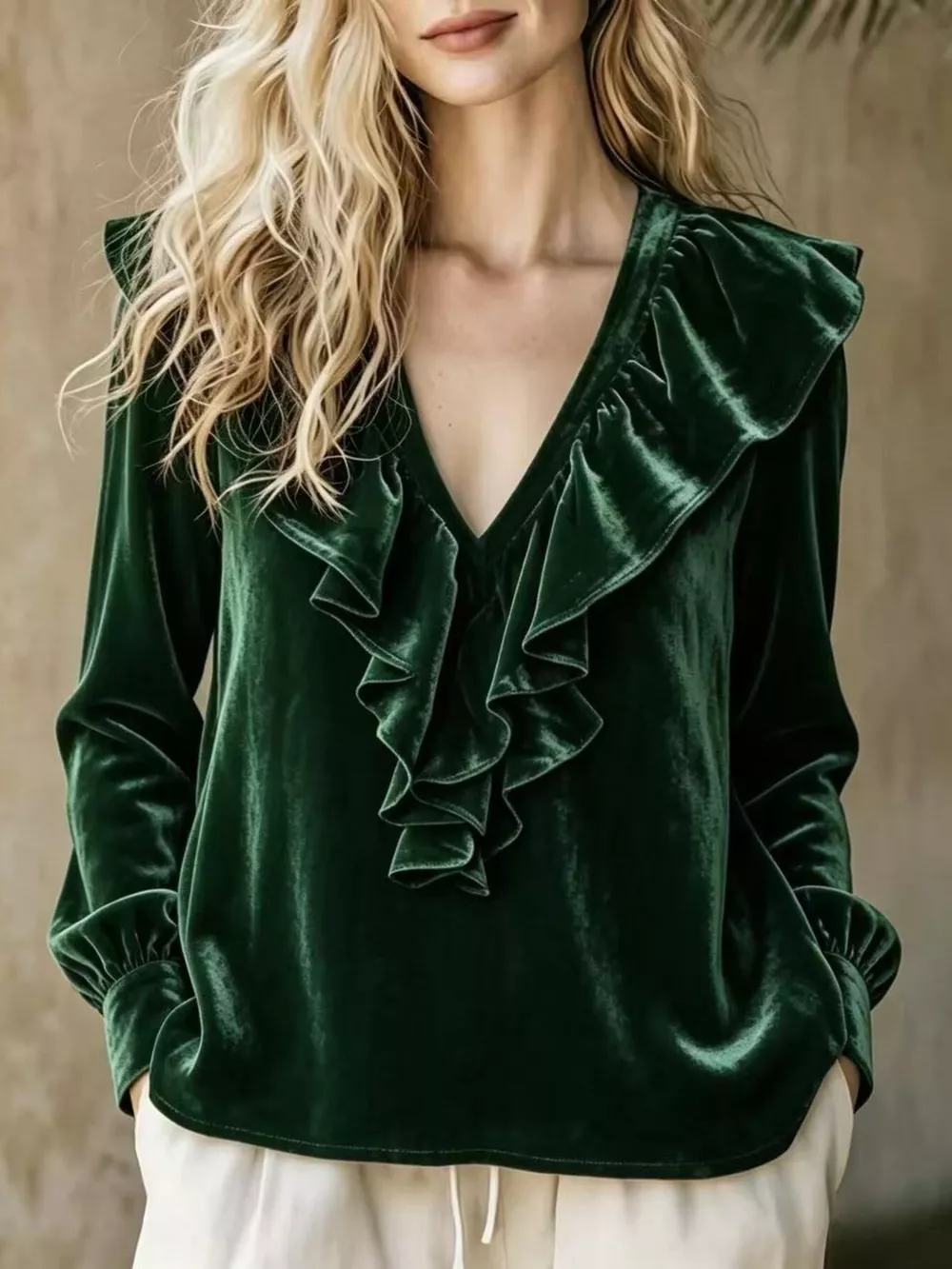Full Size Ruffled V-Neck Long Sleeve Blouse Plus Size, image 6