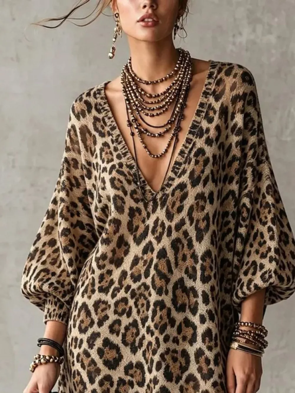 Leopard Print V-Neck Dress with Lace Hem, image 2