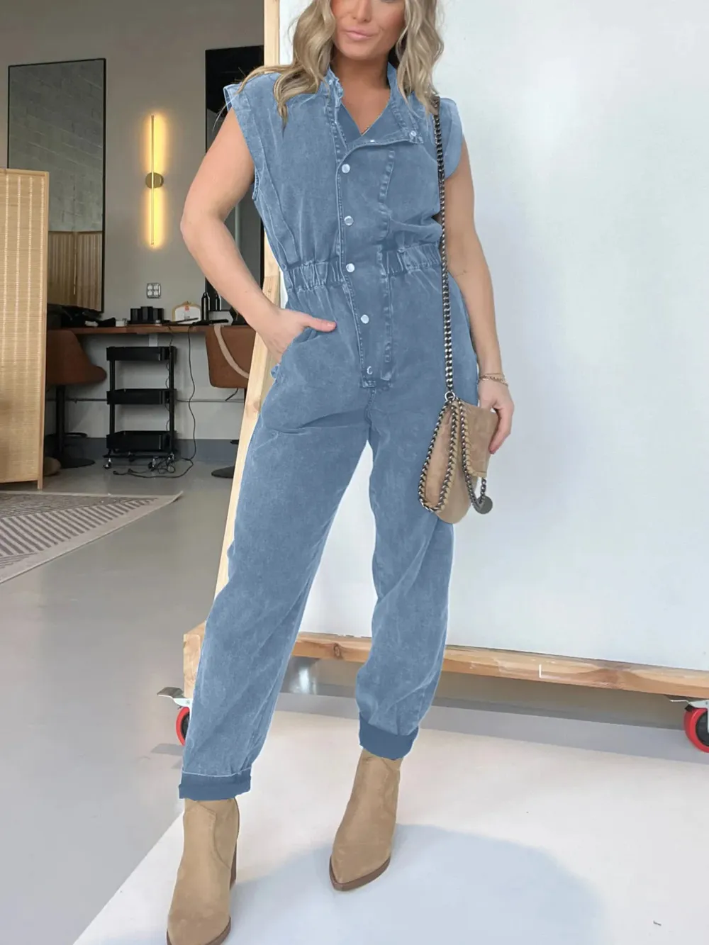 Full Size Button Front Cap Sleeve Denim Jumpsuit Plus Size, image 12