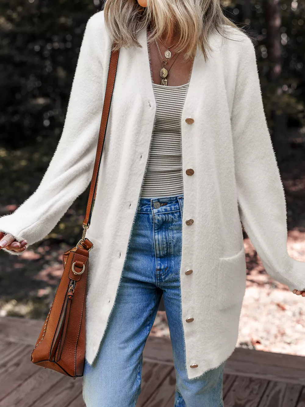 Fuzzy Buttoned Front Cardigan with Pockets, image 6