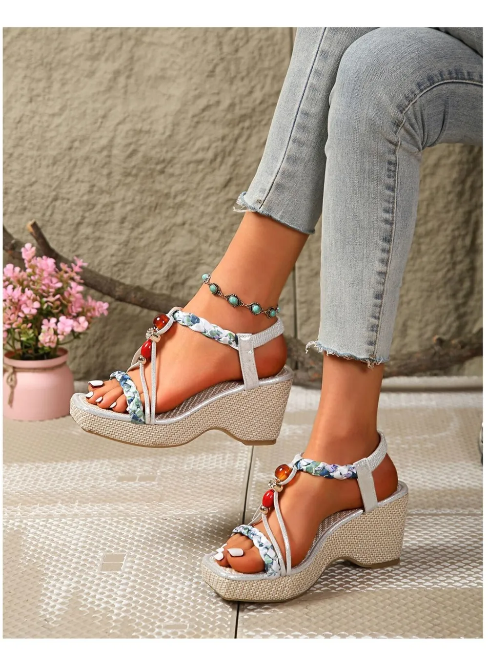 Bohemian Floral Beaded Wedge Sandals, image 9