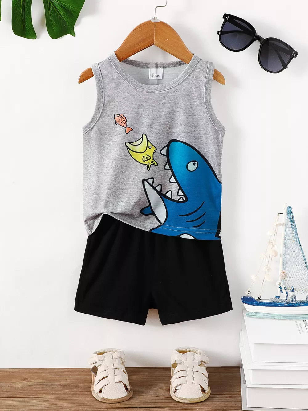 Children's Shark Graphic Tank Top & Shorts Set