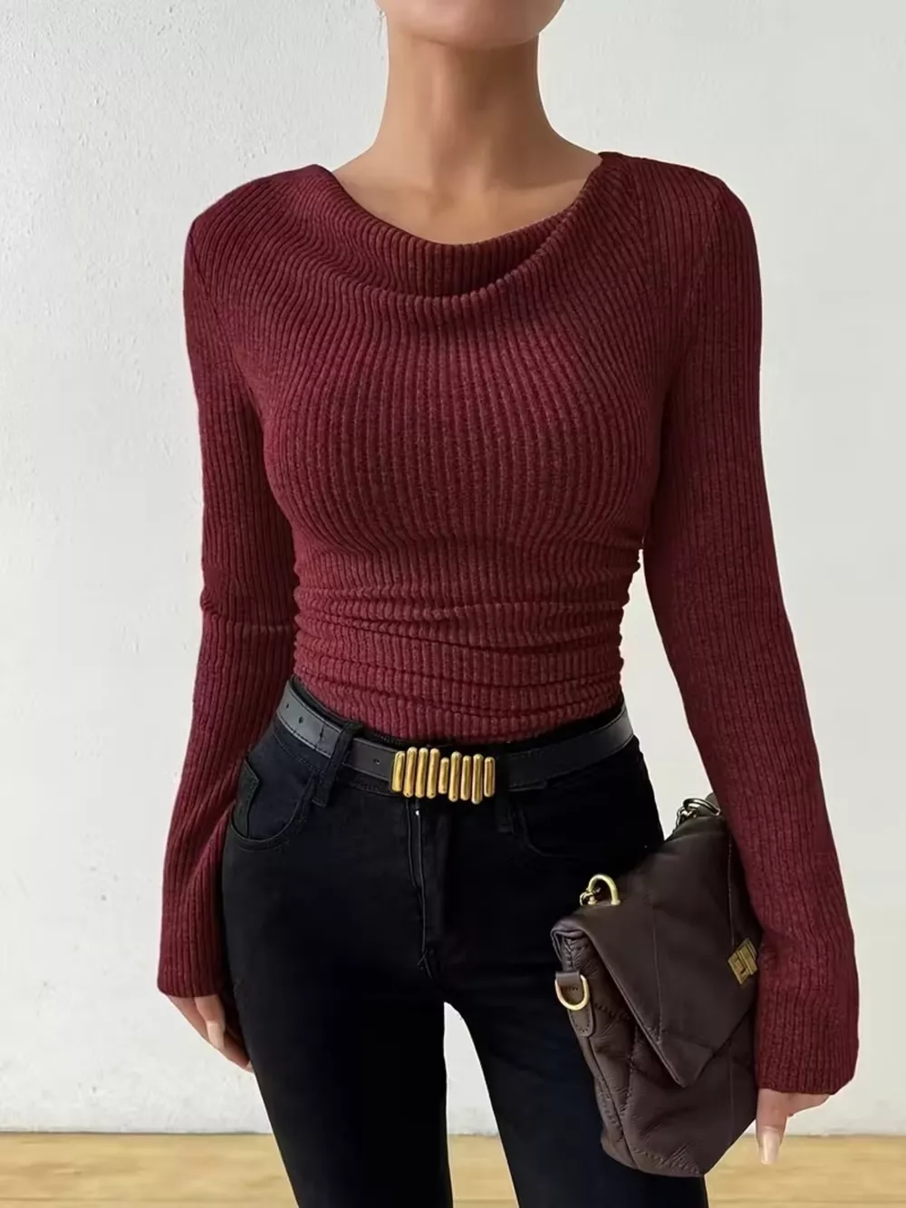 Cowl Neck Ribbed Long Sleeve Sweater, image 16