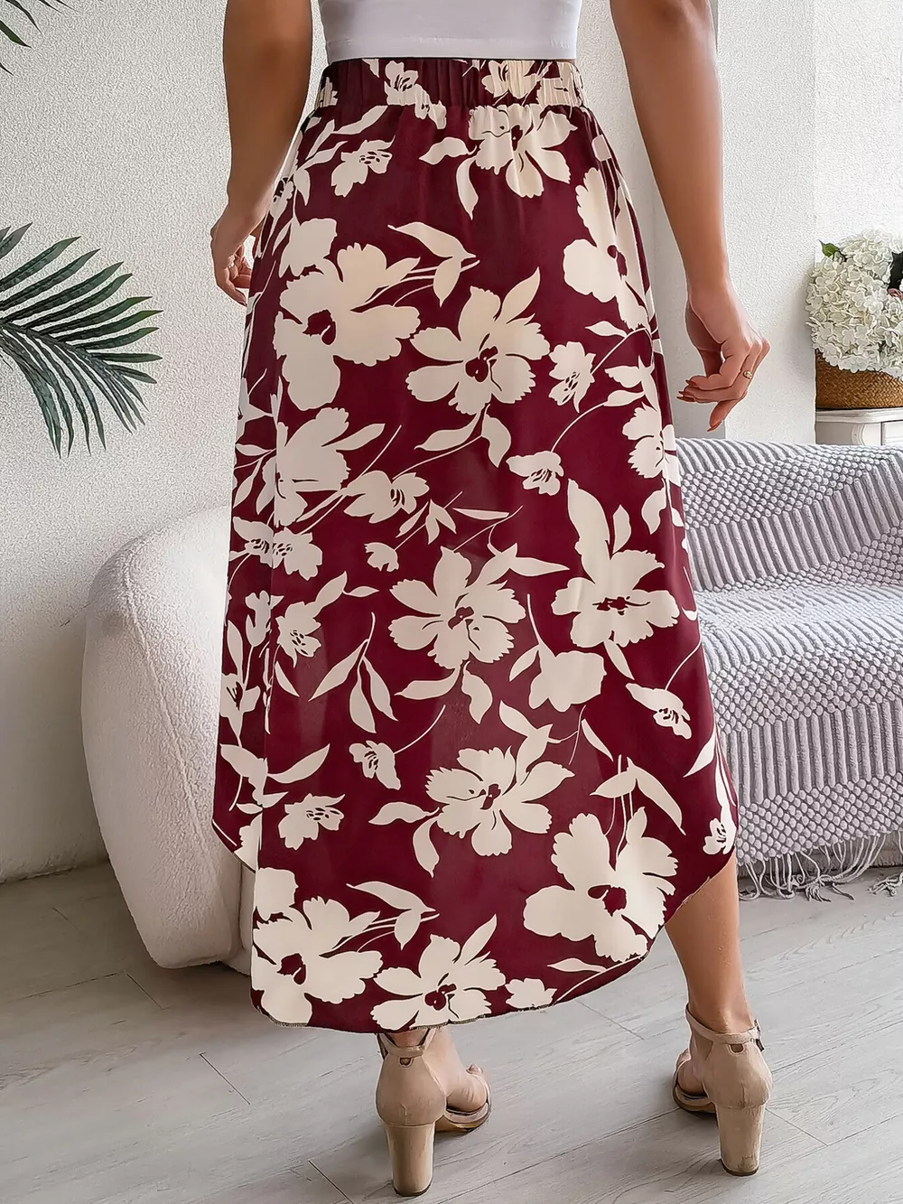 Floral Print Ruffle Hem Asymmetrical Skirt, image 15