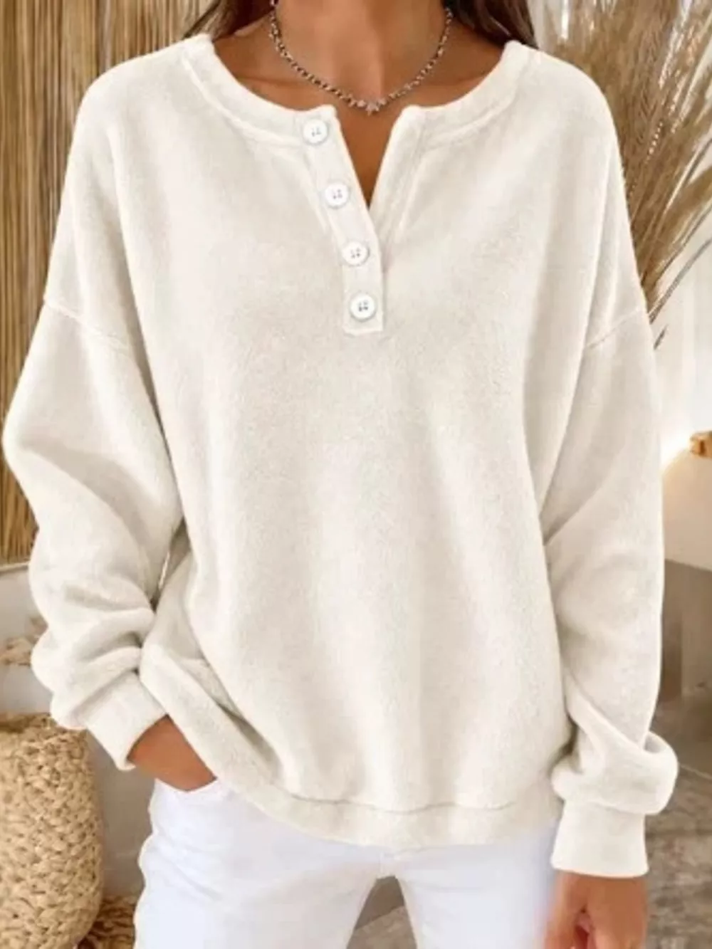 Button Detail Dropped Shoulder Sweatshirt