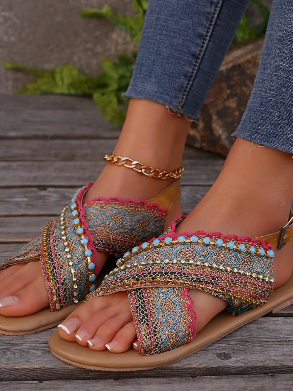 Bohemian Cross-Strap Flat Sandals, image 5