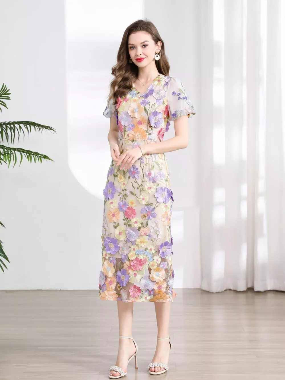 Floral Embroidered Puff Sleeve Midi Dress, image 2