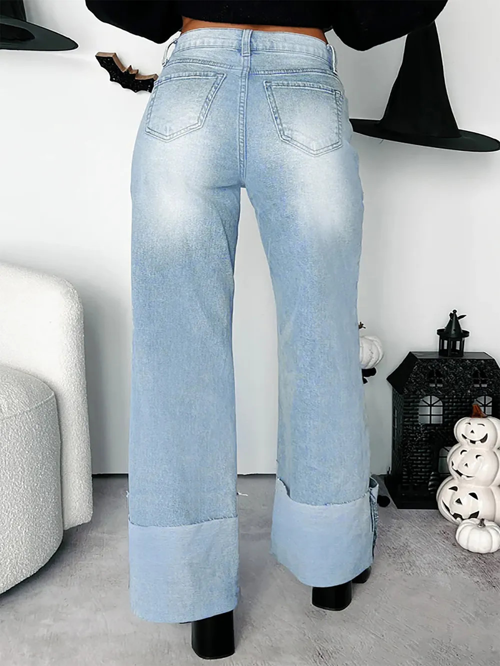 High-Waisted Wide-Leg Jeans with Cuffed Hem, image 4