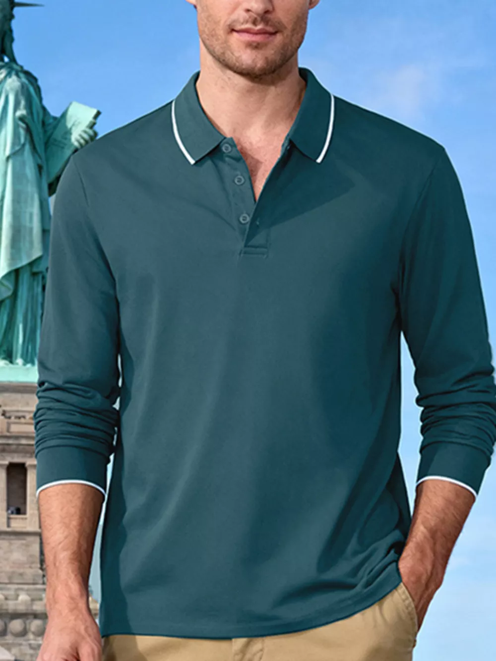 Men's Full Size Classic Long-Sleeve Polo Shirt with Contrast Trim Plus Size